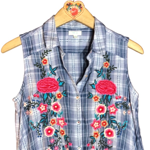 Kyla Seo Shirtdress Blue Plaid Sleeveless Floral Embroidery - Picture 4 of 11
